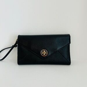 Tory Burch Robinson Black Saffiano Leather Envelope Wristlet Wallet